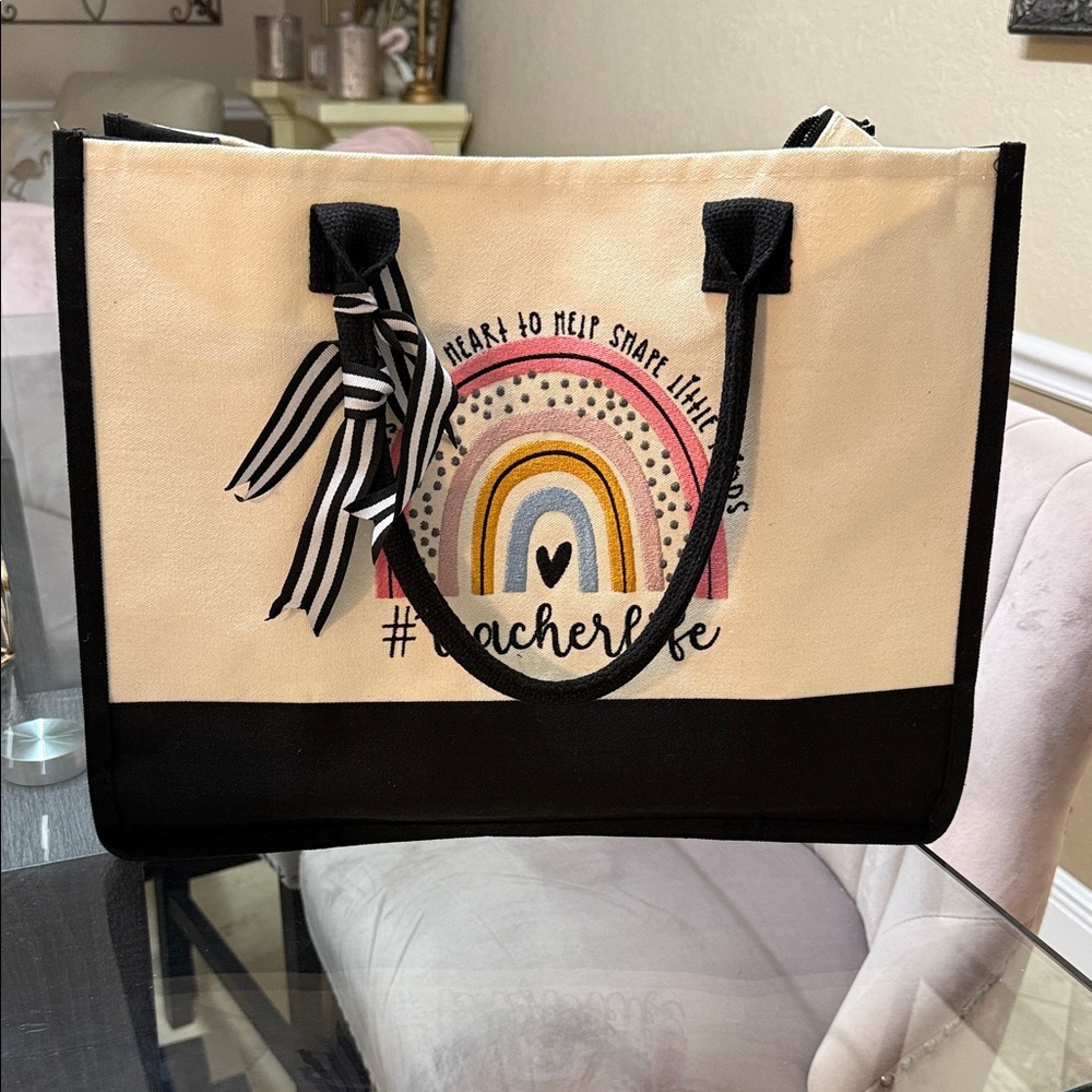 Teacher Life Canvas Rainbow Tote Bag - Cream with Black Trim